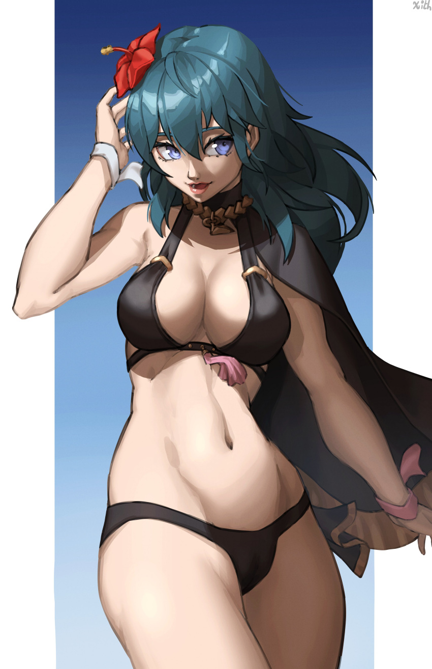 1girls absurdres alternate_costume artist_name bangs bikini black_bikini black_cape black_swimsuit blue_background blue_eyes blue_hair breasts byleth_(fire_emblem) byleth_(fire_emblem)_(female) cape cleavage commentary english_commentary female fire_emblem fire_emblem:_three_houses fire_emblem_heroes flower hair_between_eyes hair_flower hair_ornament hibiscus highres large_breasts lips long_hair looking_to_the_side navel nintendo official_alternate_costume open_mouth pink_lips red_flower signature smile solo swimsuit teal_hair tongue x_xith_x
