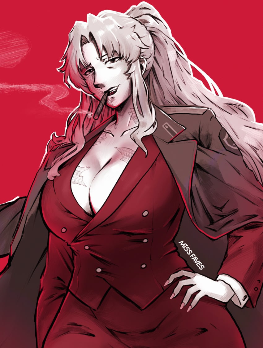 1girls balalaika big_breasts black_lagoon breasts brown_coat burn_scar cigar coat coat_on_shoulders commentary curvy english_commentary female female_only formal hand_on_own_hip highres huge_breasts large_breasts long_coat long_hair looking_at_viewer mature_female missfaves mole mole_under_eye no_bra pencil_skirt ponytail red_background red_lips red_suit red_theme scar scar_across_eye scar_on_breasts scar_on_face scar_on_neck sidelocks skirt skirt_suit smoking solo spot_color suit taut_clothes teeth trench_coat