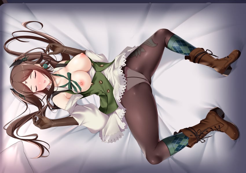 1girls armpit_crease blush boots breasts breasts_out brown_hair closed_eyes drag-on_dragoon drag-on_dragoon_3 drakengard drakengard_3 four_(drag-on_dragoon) four_(drakengard) gloves kppless large_breasts nipples on_back on_bed panties panties_under_pantyhose pink_nipples sleeping socks white_panties