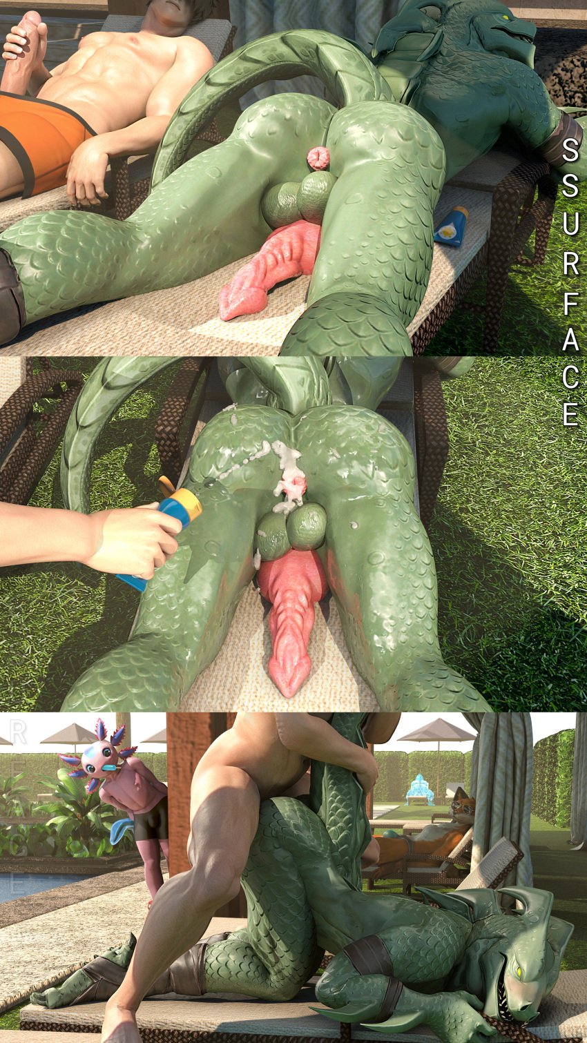 amphibian anal_sex anthro ass axo_(fortnite) axolotl back_view being_watched erection fortnite from_behind furry gay human human_penetrating humanoid hybrid_(fortnite) jerkingoff looking_at_another male male_only muscular muscular_male nude party penile penis pool public_nudity public_sex scalie ssurface tail