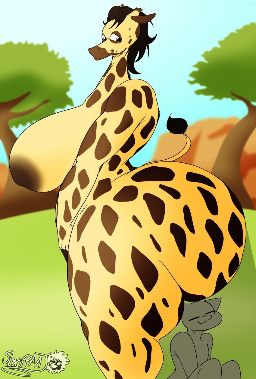 2021 absurd_res africa ambiguous_gender anthro ass ass_shade big_ass big_breasts big_butt breasts butt_shade detailed_background digital_media_(artwork) fat_ass female giraffe giraffid hi_res huge_ass huge_breasts huge_butt larger_female mammal masterj291 sitting size_difference thick_thighs