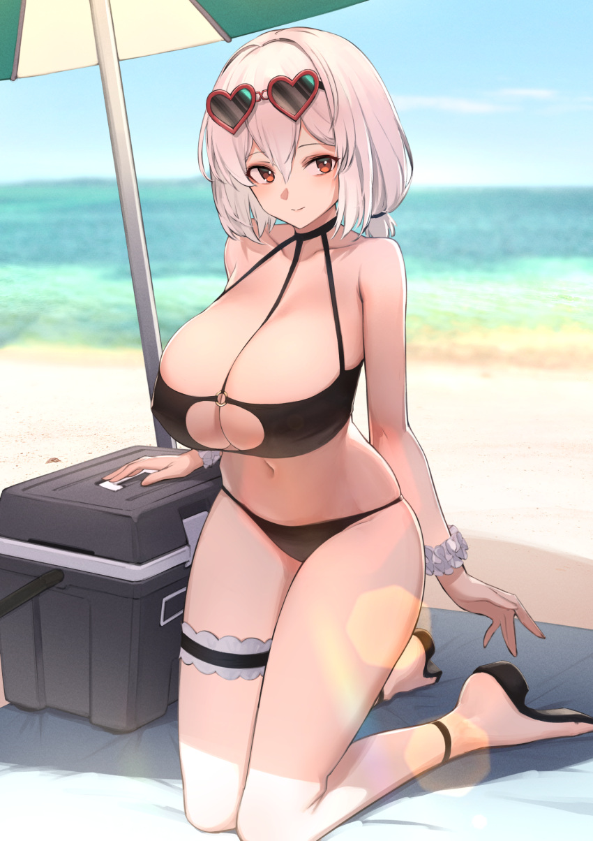 1girls 2021 azur_lane bangs bare_arms bare_shoulders beach beach_umbrella bikini black_bikini black_footwear blush breasts cleavage closed_mouth collarbone cooler day eyewear_on_head female female female_focus female_only full_body hair_between_eyes halter_top halterneck heart heart-shaped_eyewear highres huge_breasts itaco kneeling large_breasts leg_garter looking_at_viewer low_twintails medium_hair navel ocean official_alternate_costume outdoors red_eyes sandals scrunchie sirius_(azur_lane) sirius_(scorching-hot_seirios)_(azur_lane) smile solo solo_female stomach sunglasses swimsuit thigh_strap thighs twintails umbrella white_hair wrist_scrunchie