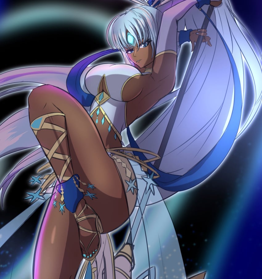 jewelry pale_hair perun_(xenoblade) sandals spear tagme tiara underboob xendrawsseggs xendrawsthings xenoblade_(series) xenoblade_chronicles_2