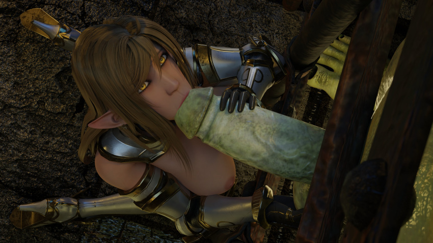 1boy 1girls 3d armor big_breasts blonde_hair blowjob breasts captured elf elf_ears elf_female elf_girl elf_swordmaster fellatio female large_ass light-skinned_female male_orc/female_elf metal_armor monster orced panties penis pointy_ears prisoner rape revealing_armor revealing_clothes ryanreos skimpy slave unconvincing_armor weapon