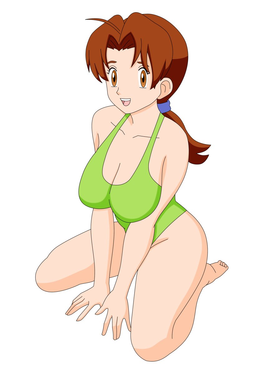 alpha_channel bikini brown_eyes brown_hair delia_ketchum_(pokemon) female for_sticker_use kneeling looking_at_viewer milf pervyangel png pokemon solo sticker_template swimsuit transparent_background transparent_png