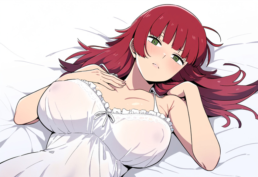 ai_generated bed_sheet blushing green_eyes katori_youko large_breasts long_hair long_hair_female novelai see-through see-through_clothing white_dress world_trigger