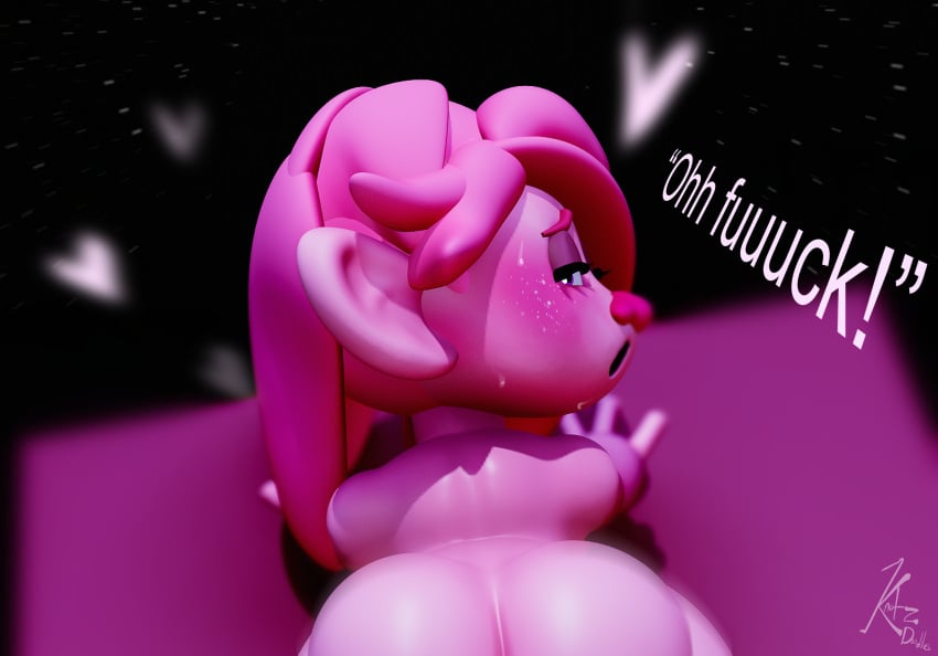 3d 3d_(artwork) all_fours ambiguous_penetration blush female_focus female_only humanoid knotzdoodles looking_at_viewer looking_back looking_pleasured nude nude_female penetration pink_body pink_hair pink_skin pov queen_poppy sweating text thick thick_thighs troll trolls