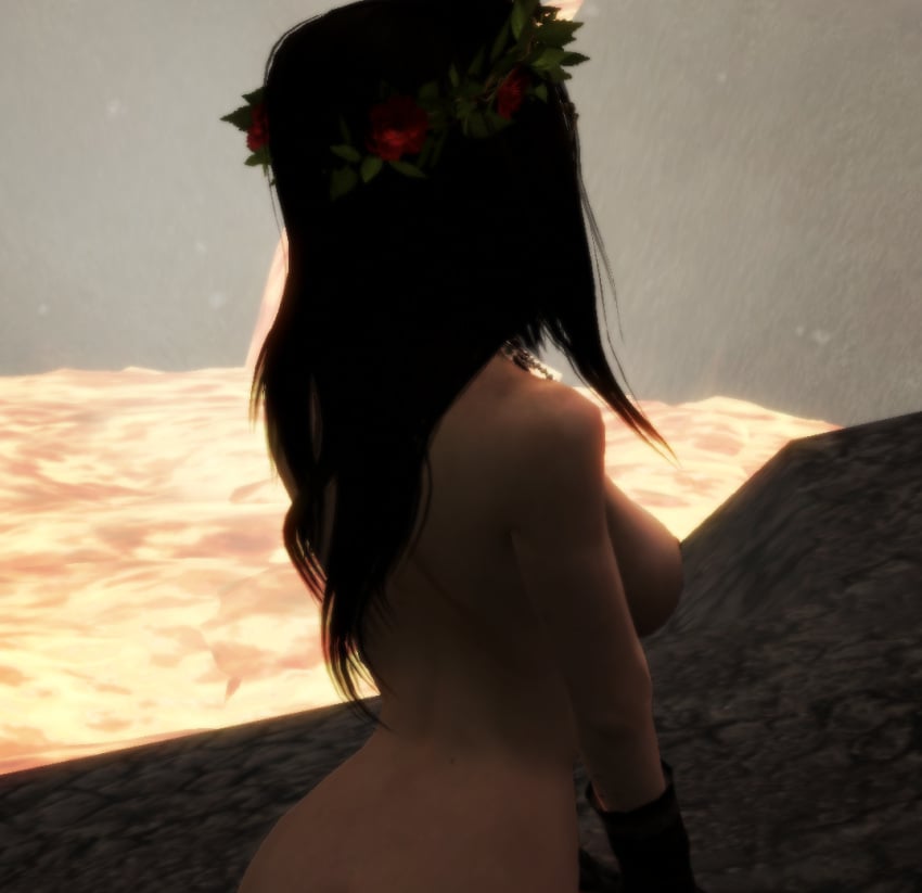 ass black_hair breasts breasts_out cliff female_vampire flower_in_hair gloves gloves_only kneeling kneeling_down lava long_hair naked serana serana's_wardrobe short_gloves skyrim vampire vampire_girl wreath