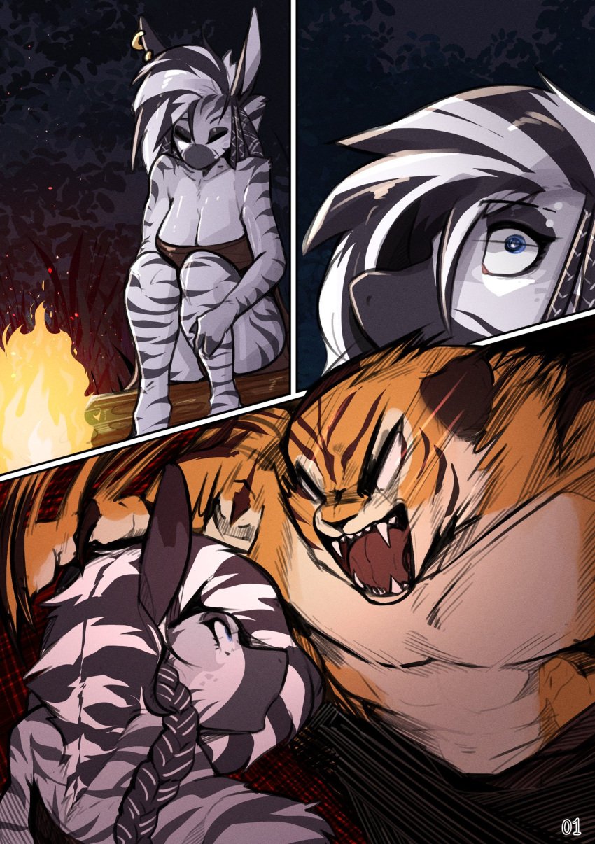 ambush_(trap) angry angry_face anthro attack campfire comic comic_page comic_panel furry furry_only futanari kakhao male movement_lines pierced_ears piercing piercings sharp_teeth surprise surprised_look tagme teeth valarie_(kakhao) zebra zebra_print