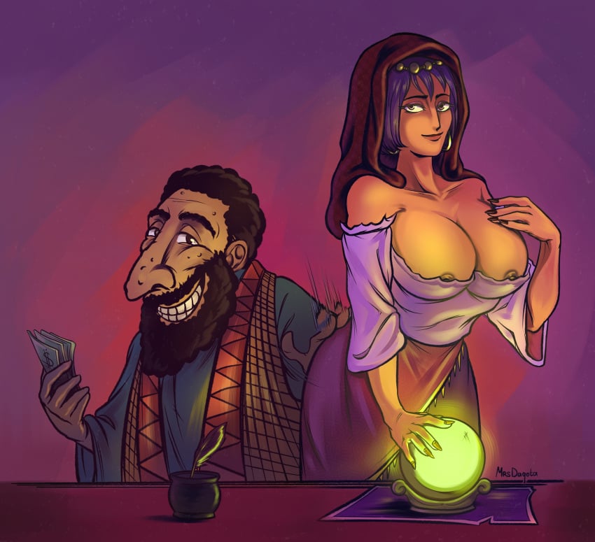 1boy 1girls beard breasts_out brown_skin cheerful_shopkeeper_(lonarpg) female fortune_teller fortune_teller_(lonarpg) glowing_orb gypsy husband_and_wife jew jewish lonarpg male nipple_outline purple_hair tan_skin wojak