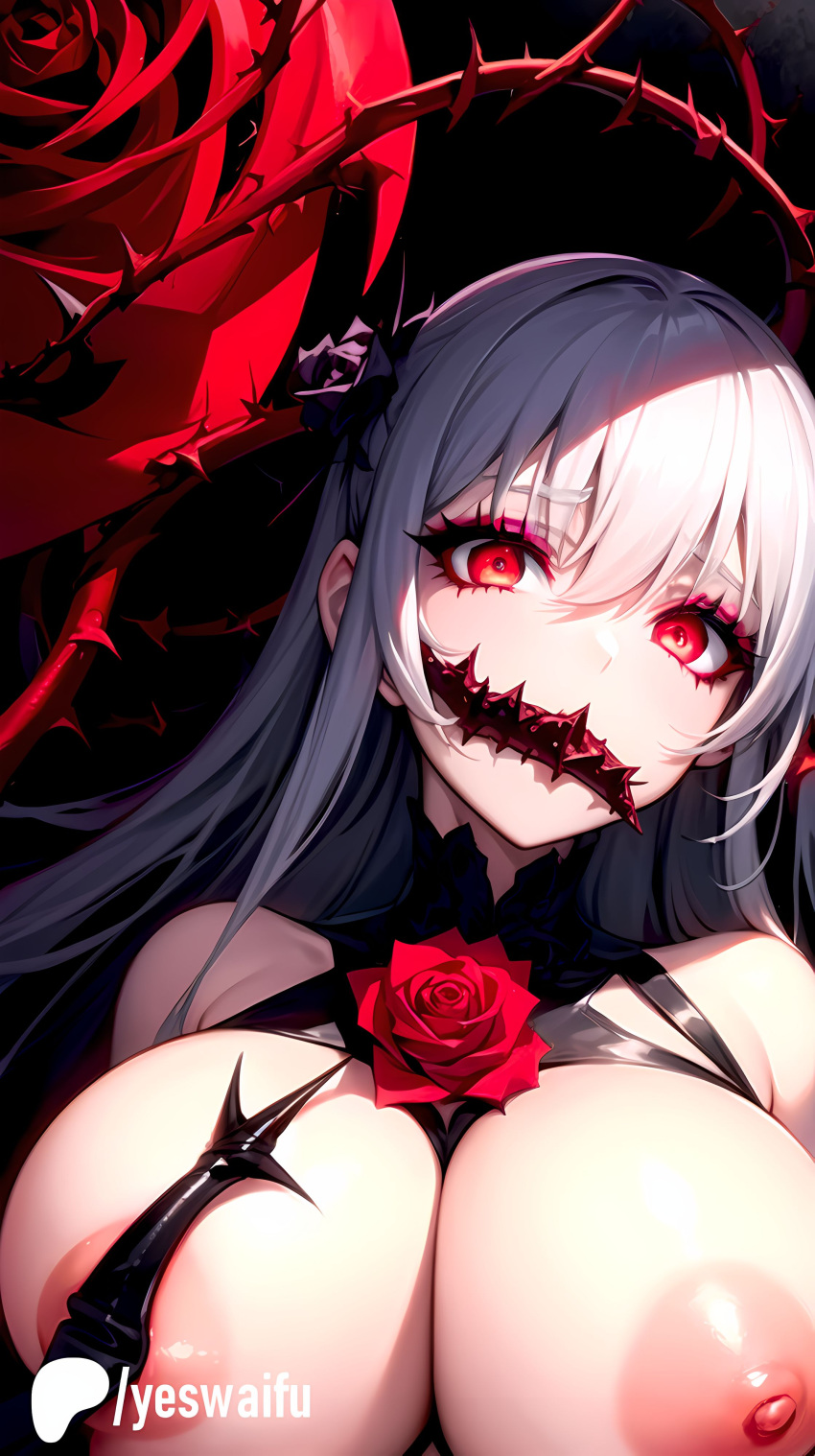 1girls ai_generated big_breasts breasts close-up gag glowing_eyes latex nipples red_eyes rose_(flower) thorns uncensored white_hair yeswaifu