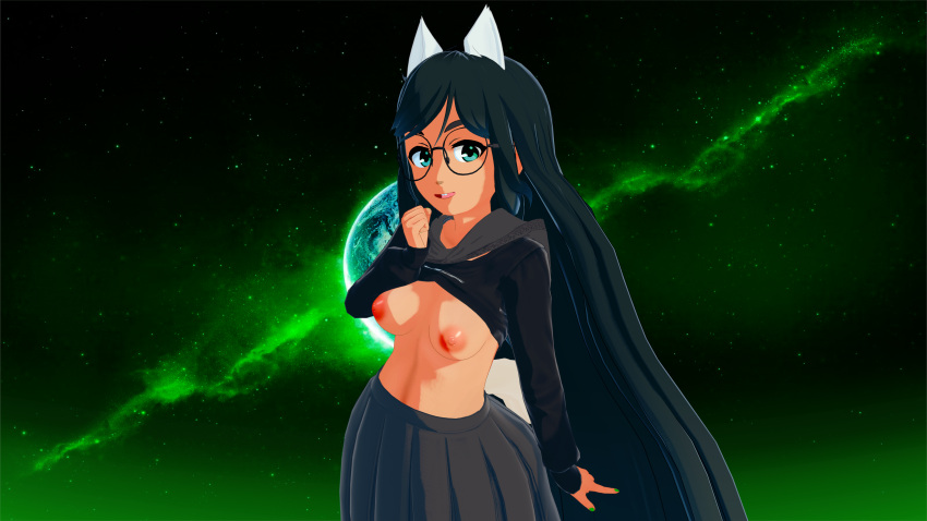 1girls 3d black_hair breasts breasts_out buckteeth butts69420 clothing dark-skinned_female dark_skin dog_ears dog_tail glasses green_eyes high_res high_resolution highres homestuck illusion_soft jade_harley koikatsu long_hair looking_at_viewer ms_paint_adventures nipples no_bra open_mouth shirt_lift skirt solo