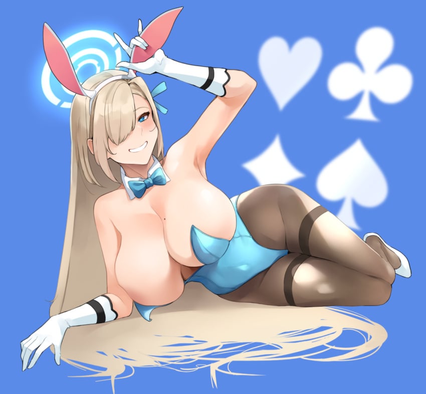 000ink 1girls 2021 animal_ears asuna_(blue_archive) asuna_(bunny)_(blue_archive) bangs bare_shoulders blue_archive blue_leotard blush breasts brown_legwear cleavage detached_collar fake_animal_ears female female_focus female_only gloves hair_over_one_eye highleg highleg_leotard large_breasts leotard light_brown_hair long_hair looking_at_viewer millennium_science_school_student mole mole_on_breast noir_(4chan) one_eye_covered pantyhose playboy_bunny rabbit_ears smile solo solo_female thighs white_gloves