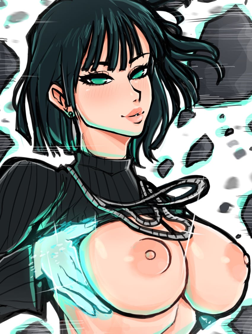 1girls big_breasts breast_support breasts breasts_out floating frealish fubuki_(one-punch_man) green_hair looking_at_viewer narrow_shoulders nipples one-punch_man supporting_breasts upper_body