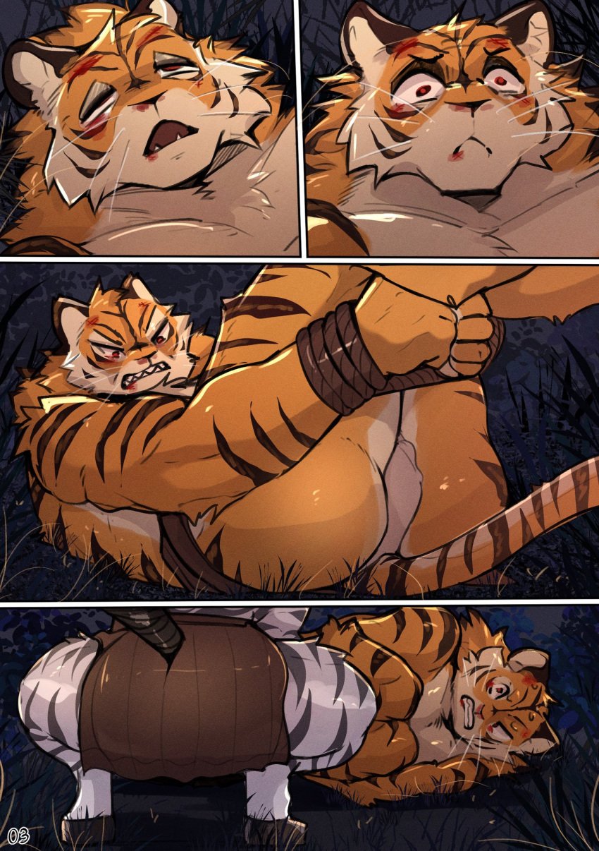 anthro anthro_only ass bound bound_wrists clothed comic crouching dipstick_tail feline feline_humanoid furry_male furry_only furry_tail futanari kakhao lying lying_on_back male no_visible_genitalia squatting tagme tail tiger tiger_stripes valarie_(kakhao) whiskers zebra zebra_print