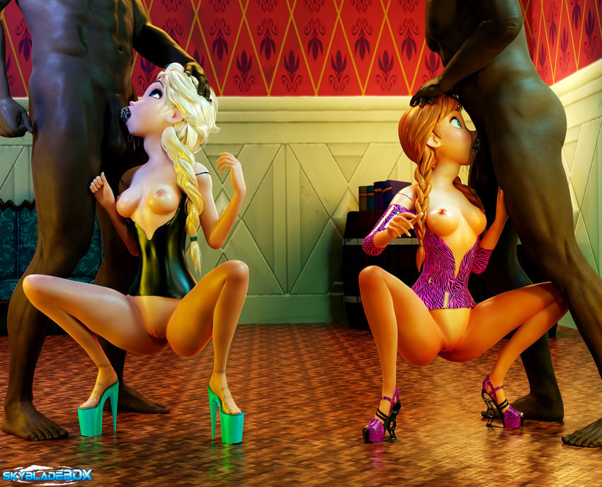 2boys 2girls 3d anna_(frozen) blowjob dark-skinned_male dark_skin disney elsa_(frozen) frozen_(film) high_heels interracial platform_heels sisters skyblade3dx