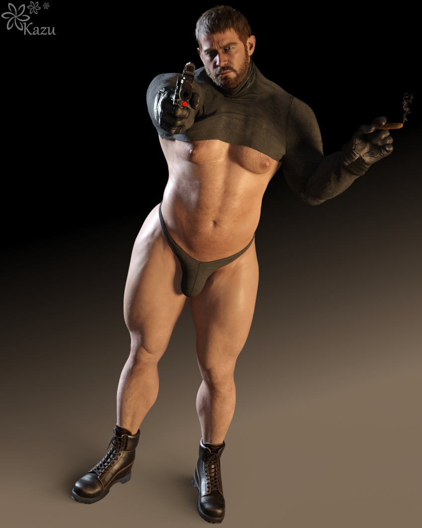 3d 3d_(artwork) 3d_model aiming_at_viewer bara bara_tiddies bara_tits blue_eyes brown_hair capcom chris_redfield kazuworks light-skinned_male light_skin male male_focus male_only male_solo muscles muscular muscular_male muscular_thighs resident_evil resident_evil_8:_village scantily_clad shoes skimpy_thong skimpy_topwear smoking smoking_cigar solo solo_focus solo_male