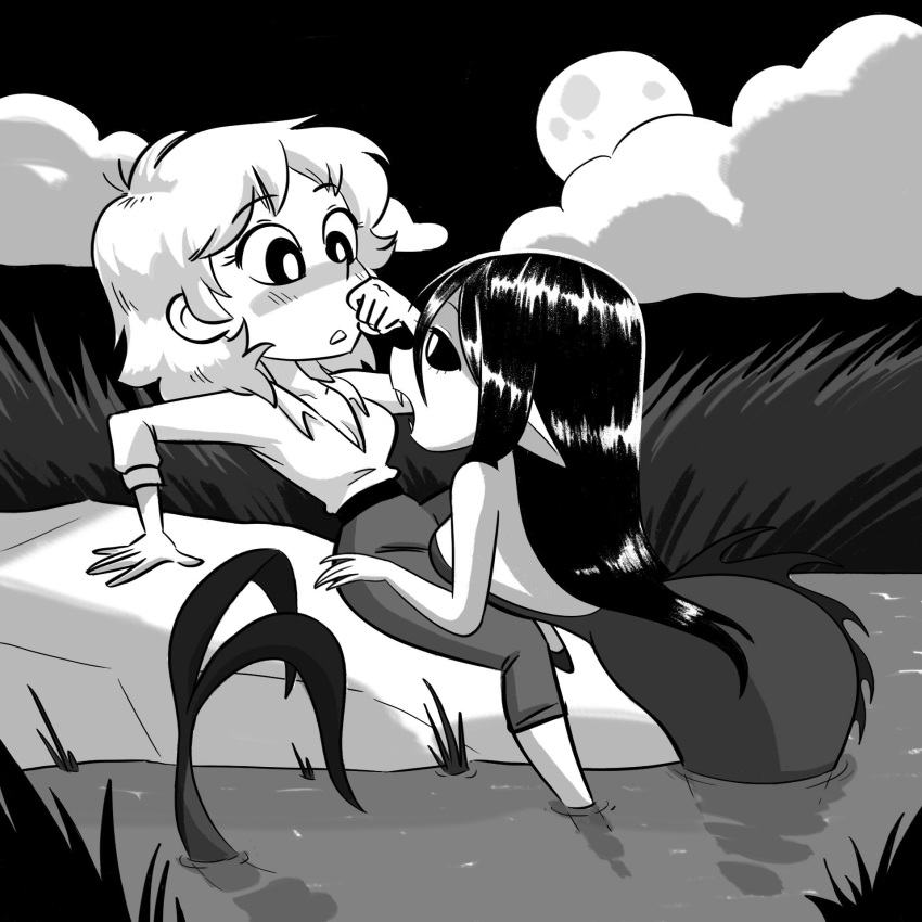 bare_shoulders black_and_white black_hair blush breasts breasts_on_lap cleavage clouds collar cute eyebrows eyelashes fangs female fins grass lagoon long_hair mermaid mermaid_girl mermaid_tail monochrome moon night night_sky pants pointed_ears pointy_ears pond resting_on_partner sharp_teeth shirt_collar shoulder_length_hair shoulders siren uncolored water yuri