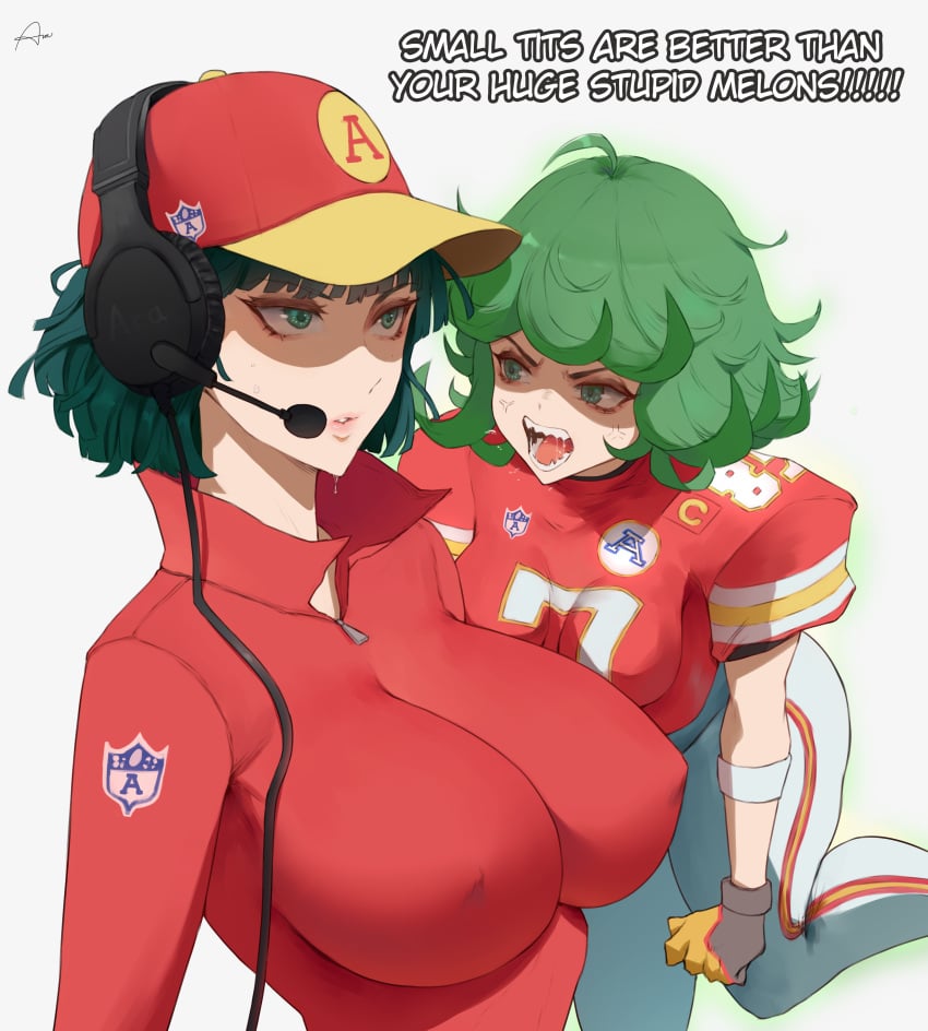 2girls absurdres american_football araneesama big_breast_humiliation big_breasts breast_envy breast_size_difference breasts english_text female female_only fubuki_(one-punch_man) green_eyes green_hair huge_breasts kansas_city_chiefs light-skinned_female multiple_girls one-punch_man short_hair sisters small_breasts tatsumaki text