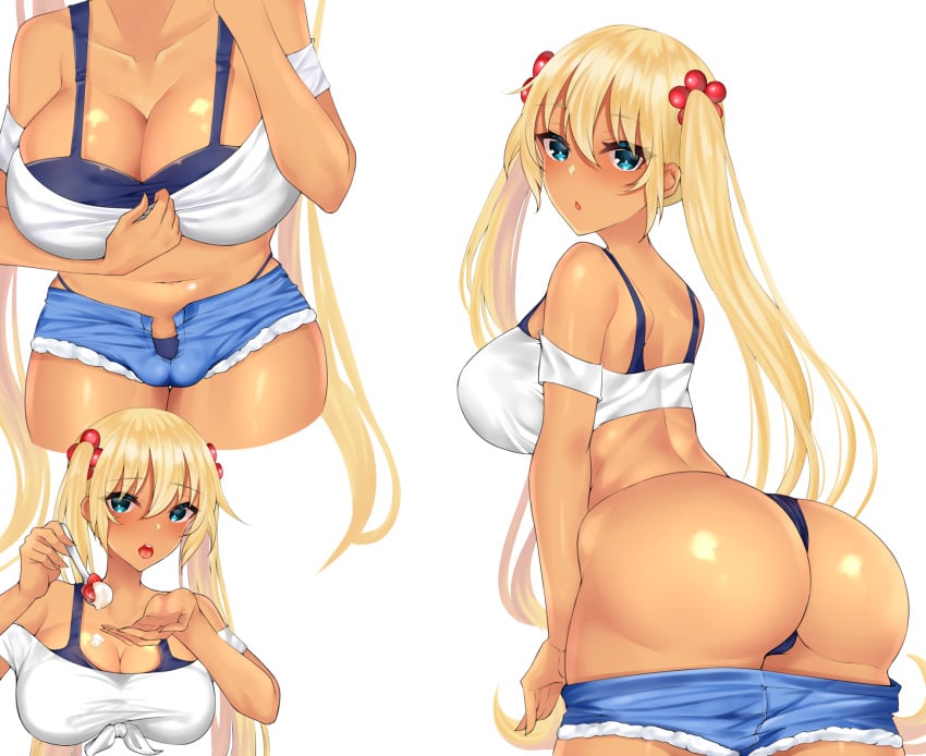 ass back bare_shoulders black_bra black_panties blend_s blonde_hair blue_eyes blue_shorts blush bra breasts cameltoe cleavage clothes_pull collarbone commentary_request crop_top error_dot feeding female food hair_ornament highres hinata_kaho ice_cream large_breasts long_hair looking_at_viewer multiple_views navel off-shoulder_shirt off_shoulder open_clothes open_mouth open_shorts panties shirt shirt_pull short_shorts shorts shorts_pull spoon tan thong tied_shirt twintails underwear very_long_hair white_background