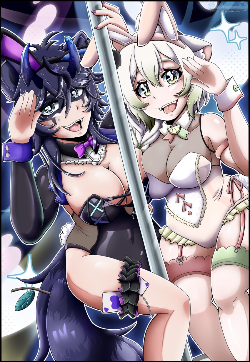 2girls animal_ears breasts bunnysuit cleavage female ferret ferret_girl green_eyes green_highlights indie_virtual_youtuber laimu large_breasts leotard lime multicolored_hair pandawandazz snuffy stripper_pole thigh_strap vinesauce virtual_youtuber vtuber white_hair