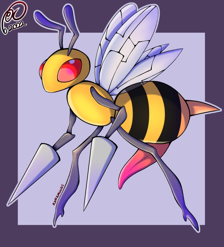 1boy animal_genitalia antennae_(anatomy) arthropod bee beedrill erection feral genitals hi_res hymenopteran insect_wings insects male male_only nintendo penis pokémon_(species) pokemon ramerooni red_eyes simple_background solo stinger striped_body stripes video_games wings yellow_body