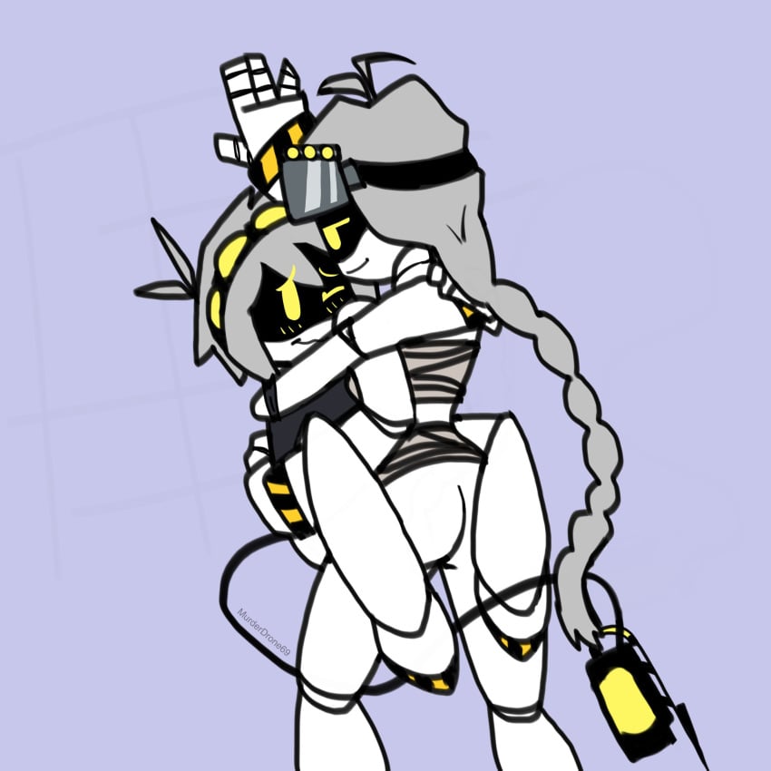 &gt;:) 69-k_(murderdrone69) :s android arm_support armband ass black_tail blush blush_lines carrying_another clothing disassembly_drone duo female female/female female_only fingers glitch_productions grey_hair hair hazard_stripes hi_res humanoid led_light leg_wrap long_hair m-320_(mari2234) machine multi_eye murder_drones murderdrone69 robot robot_humanoid robotic_arms robotic_hands robotic_legs screen screen_face sdk69000 syringe tail tailed_humanoid topwear white_body yellow_eyes yuri