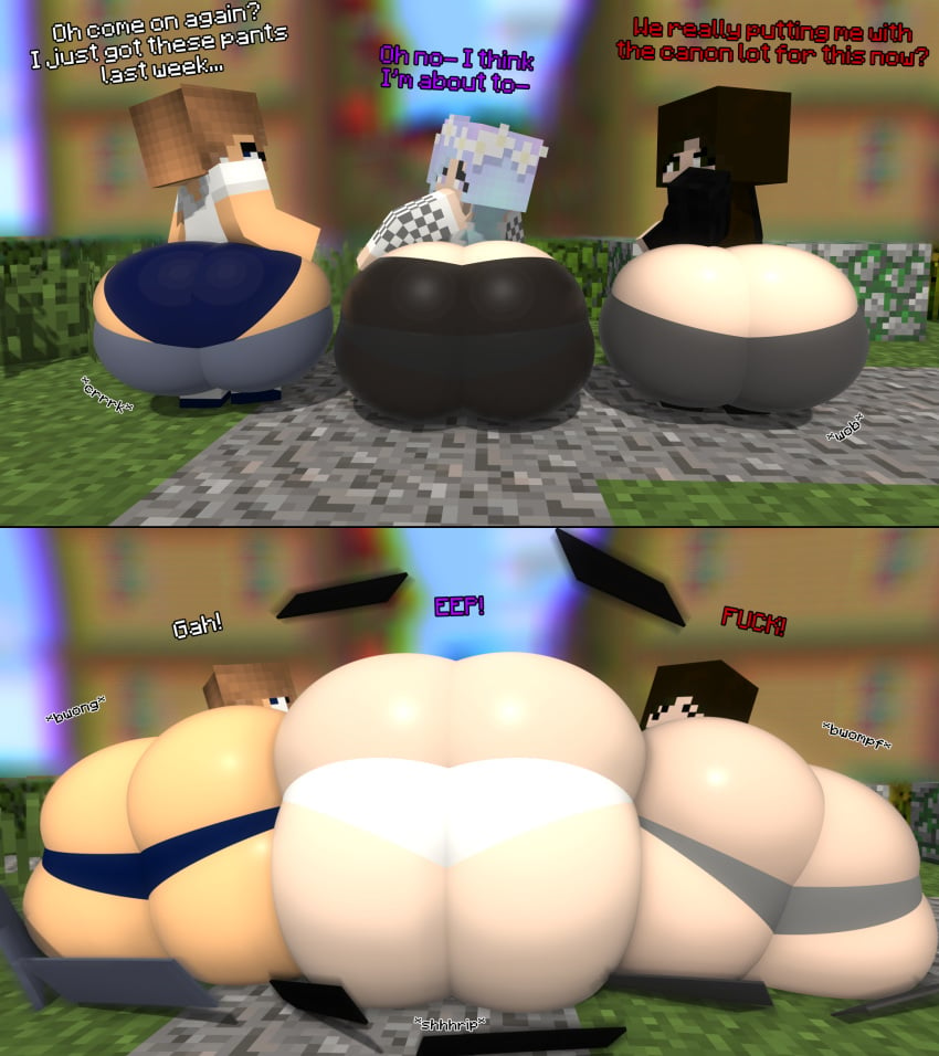 ass ass ass_bigger_than_body ass_bigger_than_head ass_bigger_than_torso ass_cleavage ass_expansion ass_focus avana_kastenmeier(tittank) bubble_butt butt_expansion expansion female huge_ass hyper_ass hyper_butt leggings miezth(tittank) mine-imator minecraft panties ripped_clothing sara_abrams(tittank) see-through_clothing squish tittank