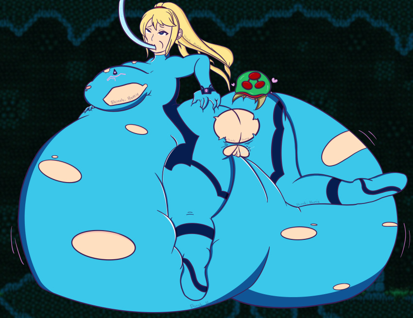 belly belly_expansion expansion fat_ass full_body_inflation hose hose_inflation inflation metroid metroid_(creature) ripped_clothing samus_aran shinobi_homie thick_thighs water_inflation zero_suit zero_suit_samus