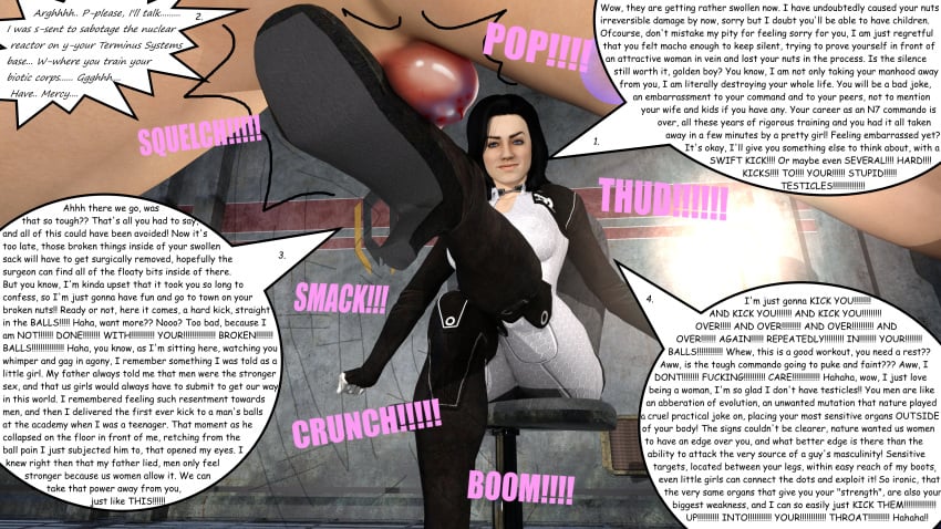 3d ball_crushing ballbusting bodysuit boots bruise bruised castrated castration cbt cfnm clothed_female_nude_male cock_and_ball_torture crotch_kick crushed_testicles daz_studio dazbblover english_text faceless_male female_domination femdom genital_mutilation genital_torture groin_kick heel_boots high_heel_boots interrogation kick kick_in_the_balls kicking malesub mass_effect miranda_lawson neutered popped_balls popping_balls prisoner ruptured_testicle sadism sadistic sadistic_girl skinsuit skintight text text_bubble torture