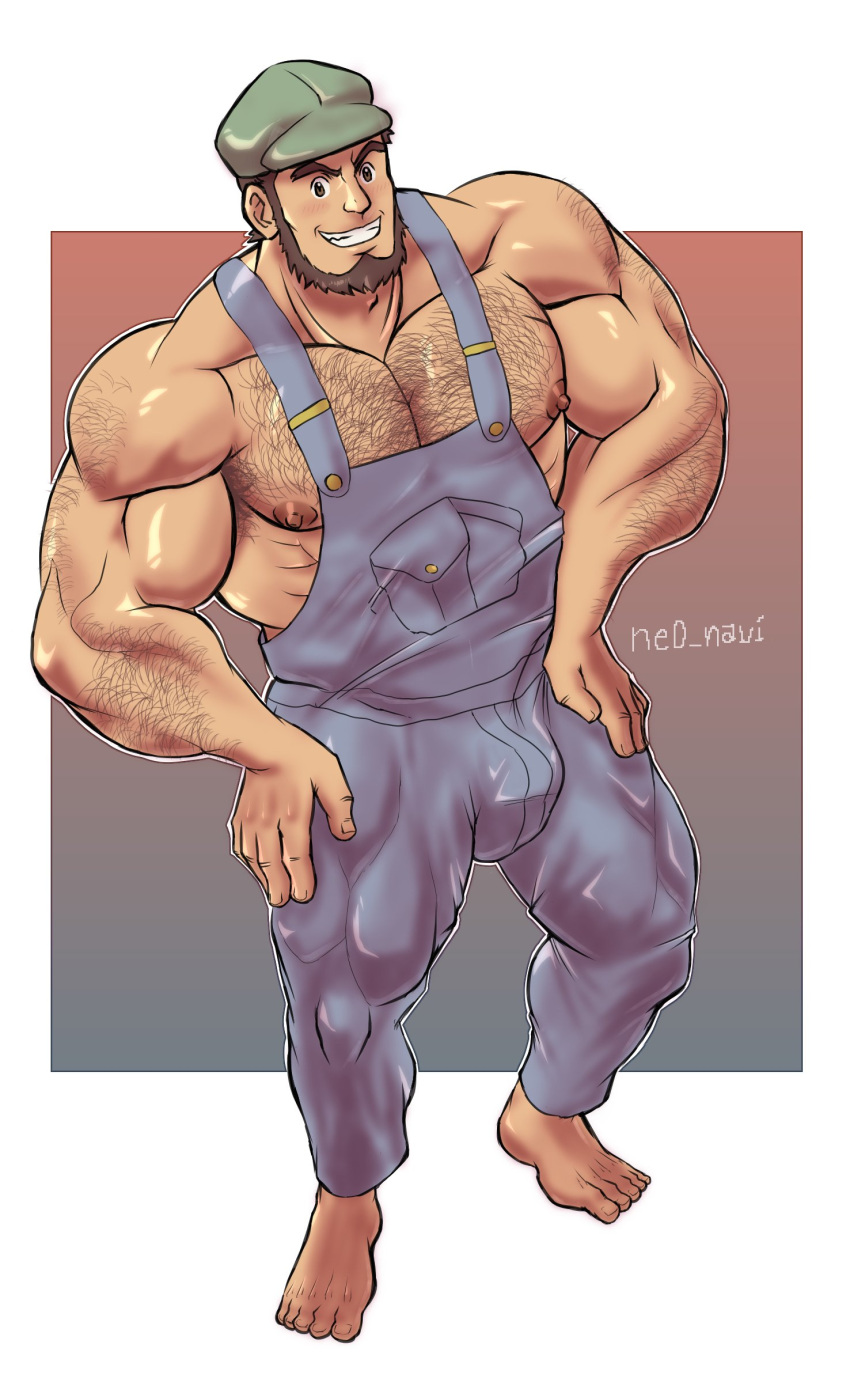 1boy balls bara bulge hairy hat male male_only meyer muscles muscular muscular_male ne0_navi nintendo npc_trainer overalls penis pokemon pokemon_(anime) pokemon_xy rimoune simple_background solo