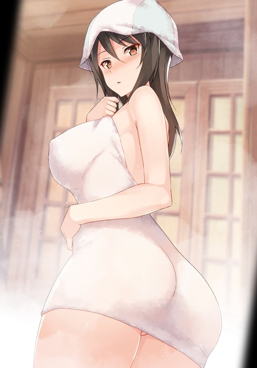 1girls ass astroguy2 bangs blush breasts brown_eyes brown_hair clothing erect_nipples erect_nipples_under_clothes eyebrows_visible_through_hair female girls_und_panzer hair_between_eyes hat headwear high_resolution impossible_towel large_breasts long_hair looking_at_viewer mika_(girls_und_panzer) nakamura_yukitoshi naked_towel nipples open_mouth parted_lips sauna solo standing steam thighs towel tulip_hat white_headwear wooden_wall