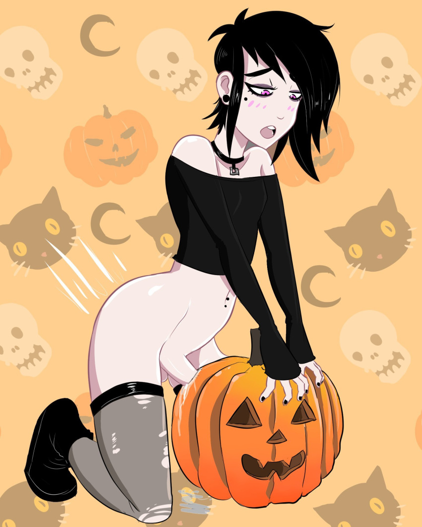 1boy 2021 ass balls bare_shoulders black_hair black_nails blush boots bottomless collar cum cum_in_pumpkin ear_piercing femboy fucking_pumpkin girly halloween hi_res lavey lavey-otokonoko male male_only navel_piercing open_mouth orgasm original penis pink_eyes pumpkin pumpkin_fucking shoes testicles torn_leggings torn_pantyhose twink