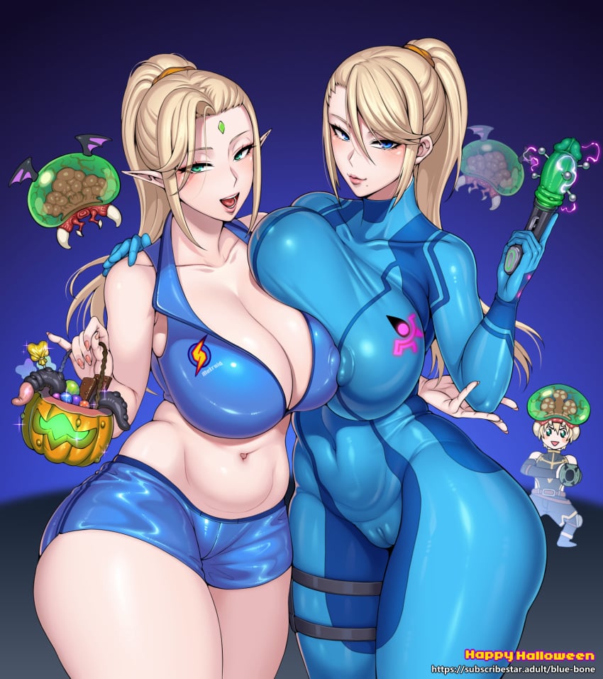 2girls asa_(teng_zi) big_breasts bimbo blonde_female blonde_hair blush breast_to_breast breasts cameltoe female halloween huge_breasts large_breasts long_hair luda_(tail_of_desire) metroid metroid_(creature) nintendo pointy_ears samus_aran shorts standing tail_of_desire thick_thighs thighs wide_hips zero_suit zero_suit_samus