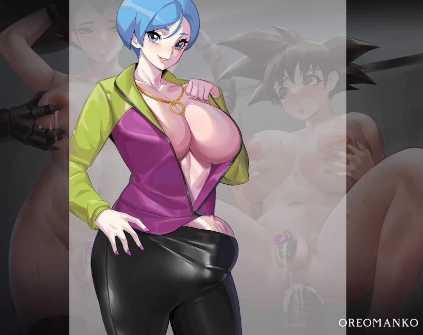 1futa 2boys balls big_balls big_breasts big_penis blue_hair breasts bulma_briefs busty cleavage clothed clothing dragon_ball erection erection_under_clothes female_goku female_vegeta feminization futa_focus futanari genderswap goki human light-skinned_futanari light_skin male_focus male_with_breasts mostly_clothed open_clothes oreomanko pale_skin pants_bulge penis sissy solo_focus son_goku standing testicle_bulge vegeta voluptuous