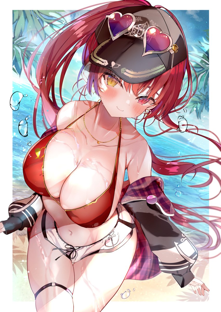 1girls 2021 absurdres bangs bare_shoulders beach bikini bikini_top black_headwear blush breasts cleavage collarbone earrings eyewear_on_head female female_focus female_only hat heart heart-shaped_eyewear heterochromia highres hololive hololive_fantasy hololive_japan houshou_marine jewelry large_breasts leaning_forward long_hair looking_at_viewer micro_shorts microshorts minishorts navel necklace niku_(hamuchang) ocean off_shoulder ponytail red-tinted_eyewear red_bikini red_bikini_top red_eyes red_hair short_shorts shorts smile solo solo_female swimsuit thigh_strap tinted_eyewear tropical virtual_youtuber yellow_eyes