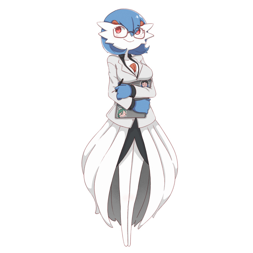 blue_hair blue_hands clipboard gardevoir glasses hiivenn_(artist) labcoat paz_gardenia pokemon pokemon_(species) red_eyes shiny_pokemon stickers white_skin