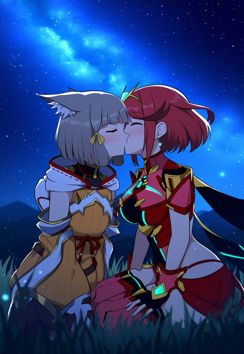 2girls ai_generated core_crystal kissing nia_(xenoblade) night novelai outdoors pyra_(xenoblade) robofun starry_sky xenoblade_(series) xenoblade_chronicles_2 yuri