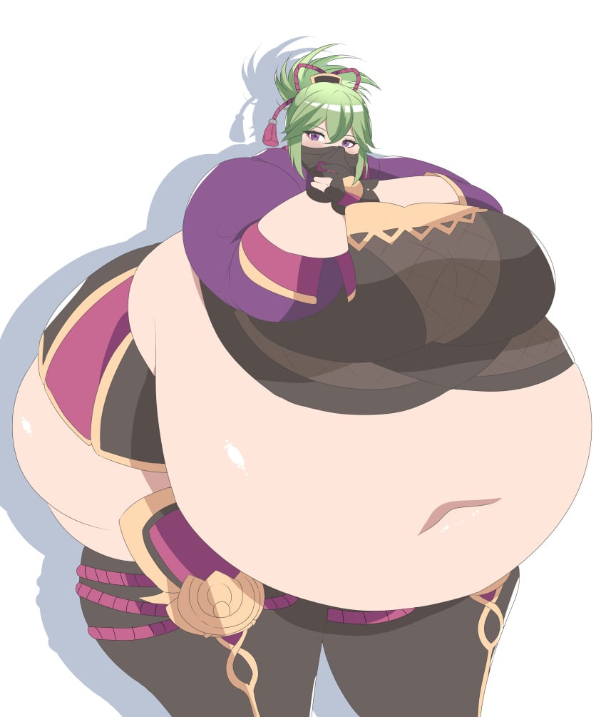 1girls belly breasts disproportional exposed_fat_belly fat genshin_impact greeen_hair hyper_belly hyper_breasts inazuma_porn kuki_shinobu masked masked_female obese obese_female solo standing