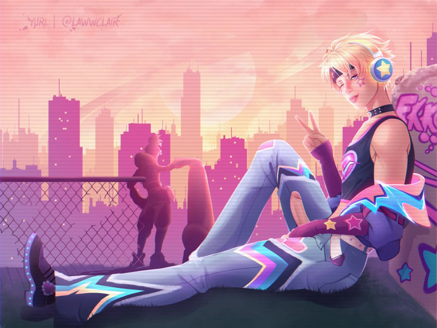 blonde_hair chromacrash_ekko chromacrash_series crop_top ekko exibitionism ezreal gay graffiti graffiti_on_wall jacket lawwclair league_of_legends league_of_legends:_wild_rift lovestruck_ezreal lovestruck_series male male_only neon_lights outside peace_sign planet purple_eyes silhouette tongue_out winking_at_viewer