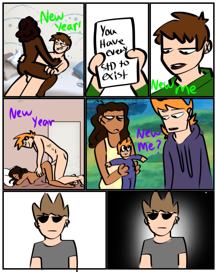 blue brown_hair brunette_hair dick edd_(eddsworld) eddsworld ginger_hair green heterosexual matt_(eddsworld) missionary_position new_year penetration penis pregnant purple riding_penis sex tom_(eddsworld) vagina vaginal_penetration