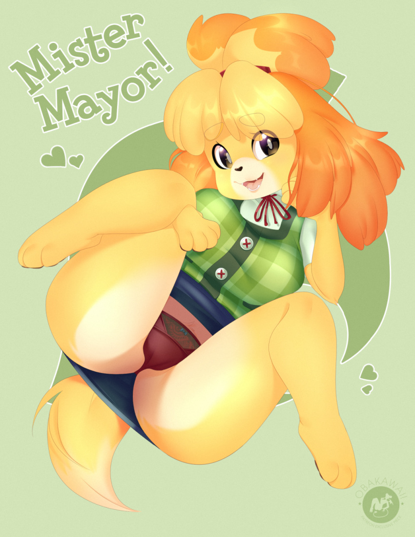 2020 animal_crossing female isabelle_(animal_crossing) nintendo obakawaii panties purple_panties shiba_inu skirt_up solo upskirt