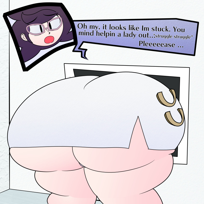 1girls ass ass_bigger_than_head ass_focus casual casual_nudity clothed female female_only huge_ass nintendo no_underwear pokemon pov stuck teaset_haliley text text_bubble thighs through_wall underass wicke_(pokemon)