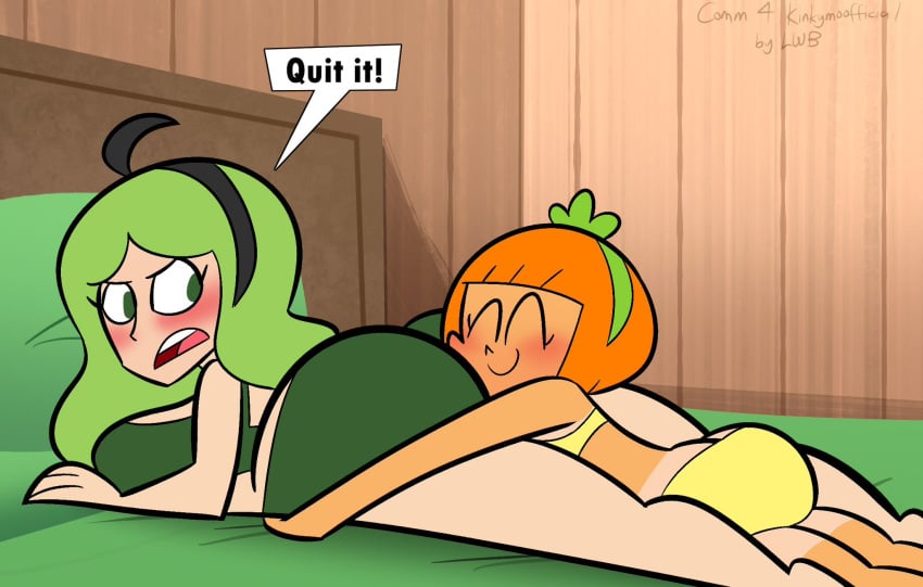 2girls annoyed annoying_orange ass_cleavage big_ass big_butt blush bra butt_crack butt_hug butt_pillow face_in_ass green_hair human humanization humanized lolwutburger orange orange_(annoying_orange) orange_hair panties pear pear_(annoying_orange) rule_63 speech_bubble tanlines tanned underwear yuri