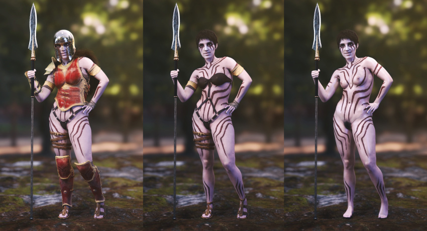 3d amazon armor barbarian barefoot bodypaint completely_nude completely_nude_female dungeons_and_dragons geterafromfaerun spear tagme