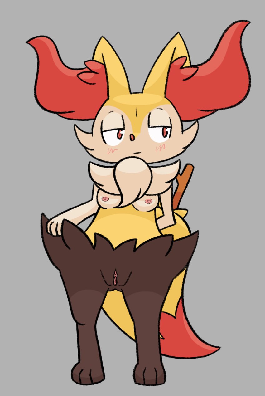 anthro areola blush blush_lines blushing braixen breasts butt_from_the_front clitoris embarrassed female female_focus female_only fur furry furry_breasts furry_ears furry_female furry_only furry_tail generation_6_pokemon genitals hi_res hiddenbraix inner_ear_fluff innie_nipples looking_aside low-angle_view nintendo nipples pokemon pokemon_(species) pussy red_body red_fur shaded showing showing_breasts showing_off showing_pussy simple_background simple_shading small small_breasts small_tits solo teenage_girl teenager tuft white_body white_fur yellow_body yellow_fur