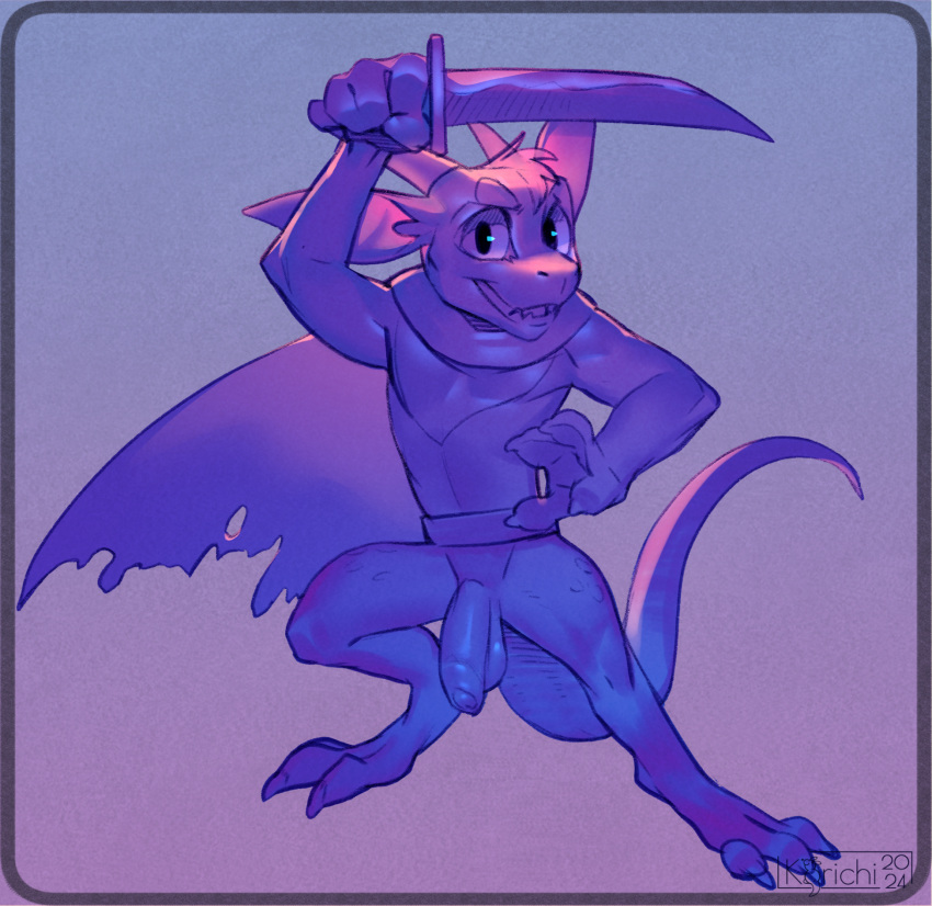 anthro balls bat_ears belt bottomless bottomless_anthro bottomless_male claws cloak cloak_only clothed clothing digital_media_(artwork) flaccid genitals hair hi_res holding_object holding_sword holding_weapon horn humanoid_genitalia humanoid_penis kobold korichi lizard_tail long_ears male mammal melee_weapon mostly_nude open_mouth partially_clothed penis reptile scalie simple_background smile solo standing sword tail teeth turo_of_akesh weapon