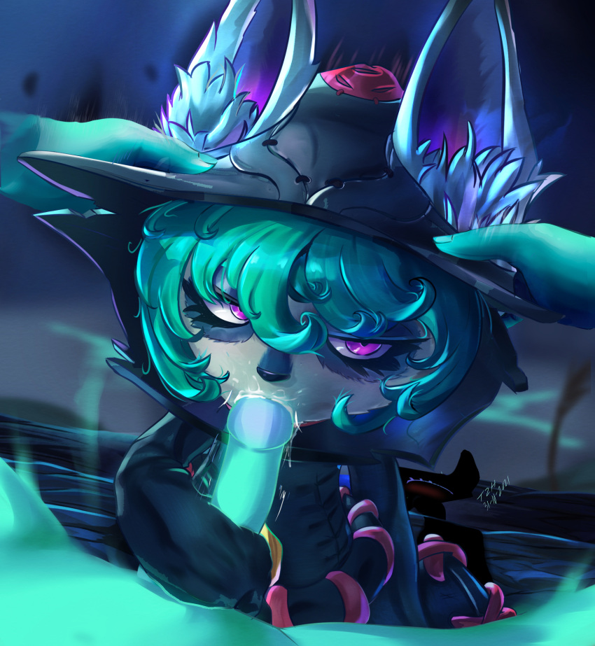 blush eye_contact fellatio grabbing_penis league_of_legends shadow_(lol) shortstack straight time2hunt vex_(league_of_legends) yordle