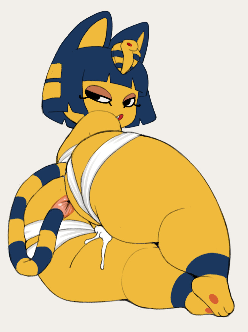 animal_crossing ankha anus ass big_butt bodily_fluids cum domestic_cat felid feline felis female genital_fluids hi_res huge_butt lying mammal nintendo on_side pururing rear_view simple_background solo spread_anus spreading thick_thighs video_games white_background