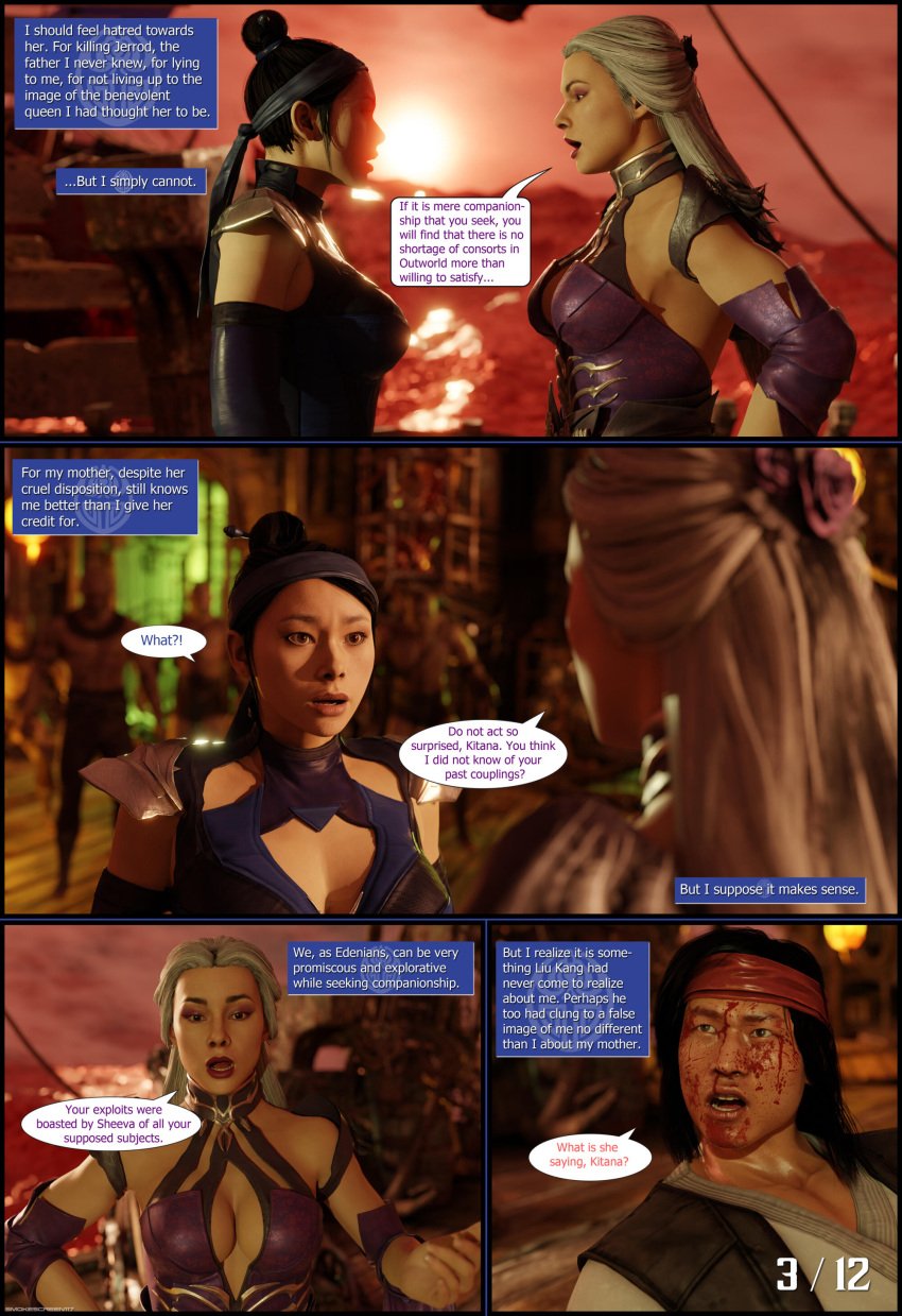 3d asian asian_female bandana big_breasts blood_on_face cleavage comic comic_page dialogue edenian elbow_gloves english_text eyebrows eyelashes flower_in_hair hair_bun kitana kitana_(mk11) liu_kang long_hair makeup milf mortal_kombat mortal_kombat_11 mother_and_daughter page_3 page_number pelvic_curtain princess queen royalty sea ship shoulder_armor sindel smokescreen117 tarkatan tied_hair white_hair